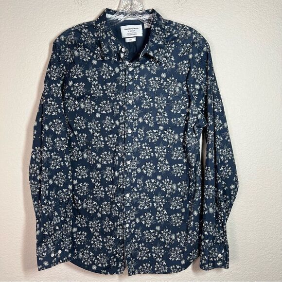 PaperDenim&Cloth Navy Blue Floral Stretch Long Sleeves Button Down Shirt Men’s L - Picture 1 of 6